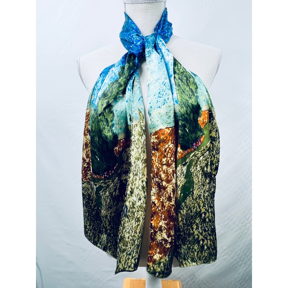 Robin Ruth Scarf  Multicolor Impressionist Landscape Art to Wear Print Silky